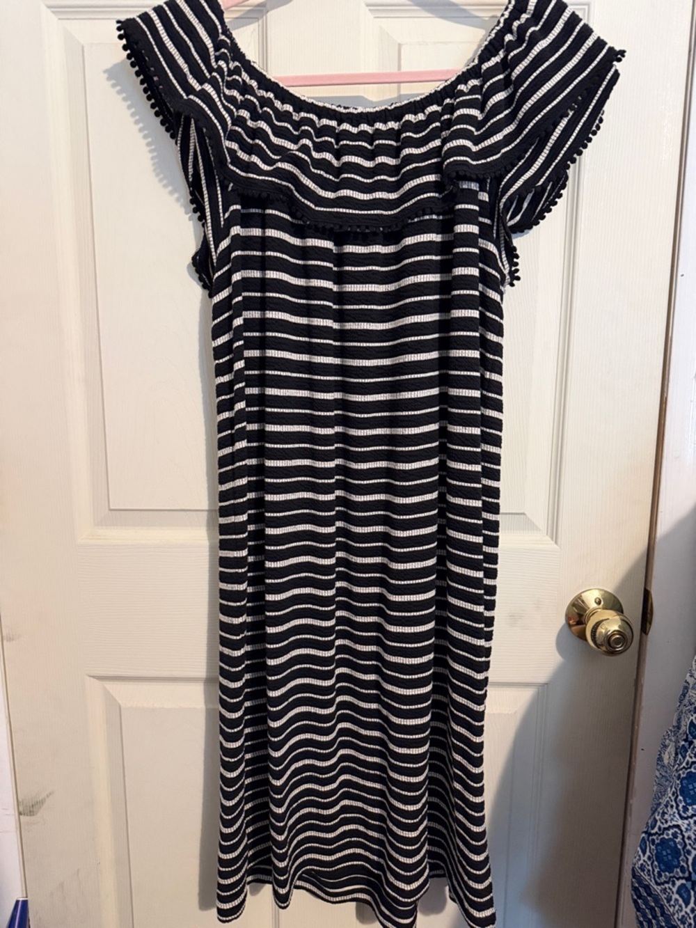 LOFT Black and White Striped Off-Shoulder Dress